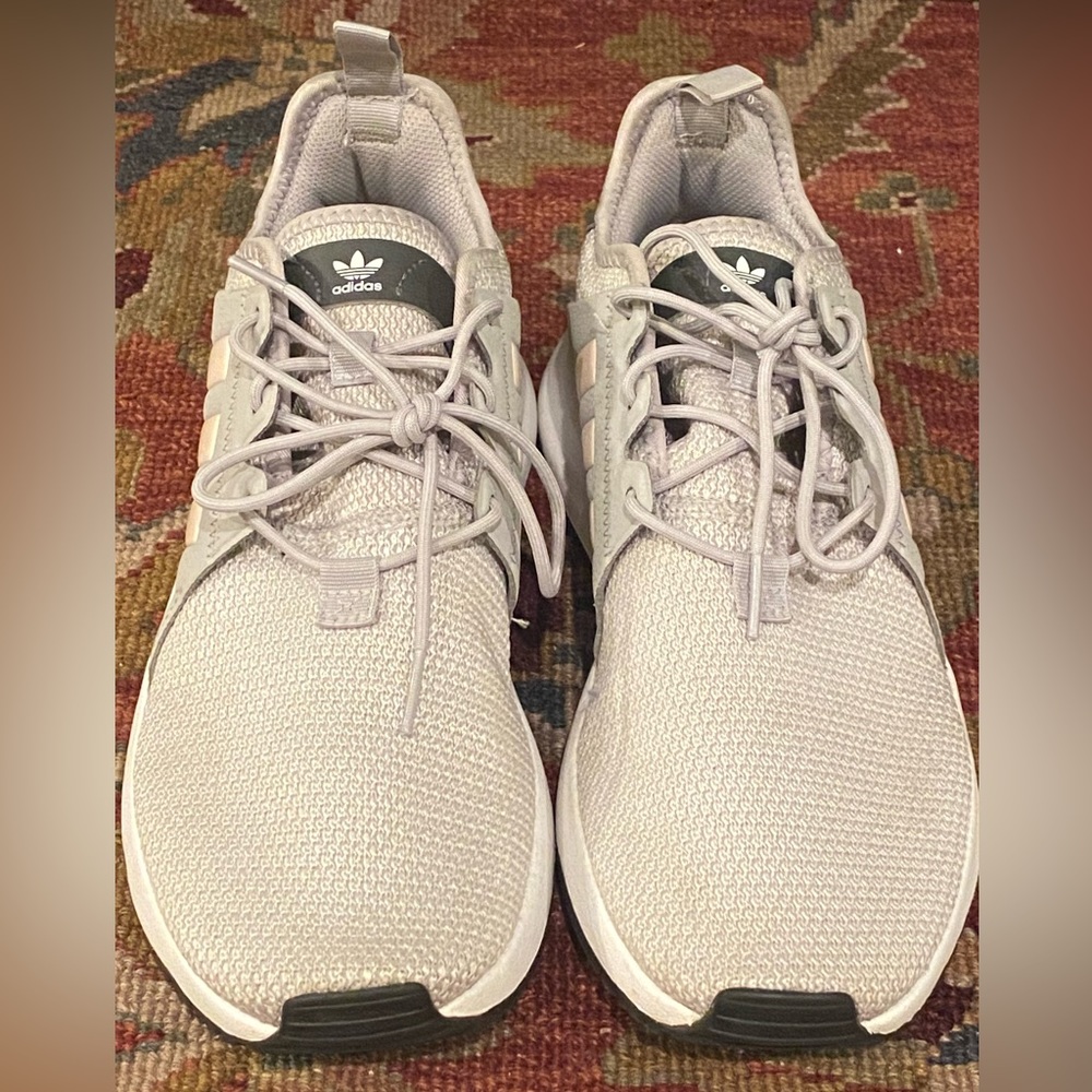 Light grey adidas with pale pink stripes